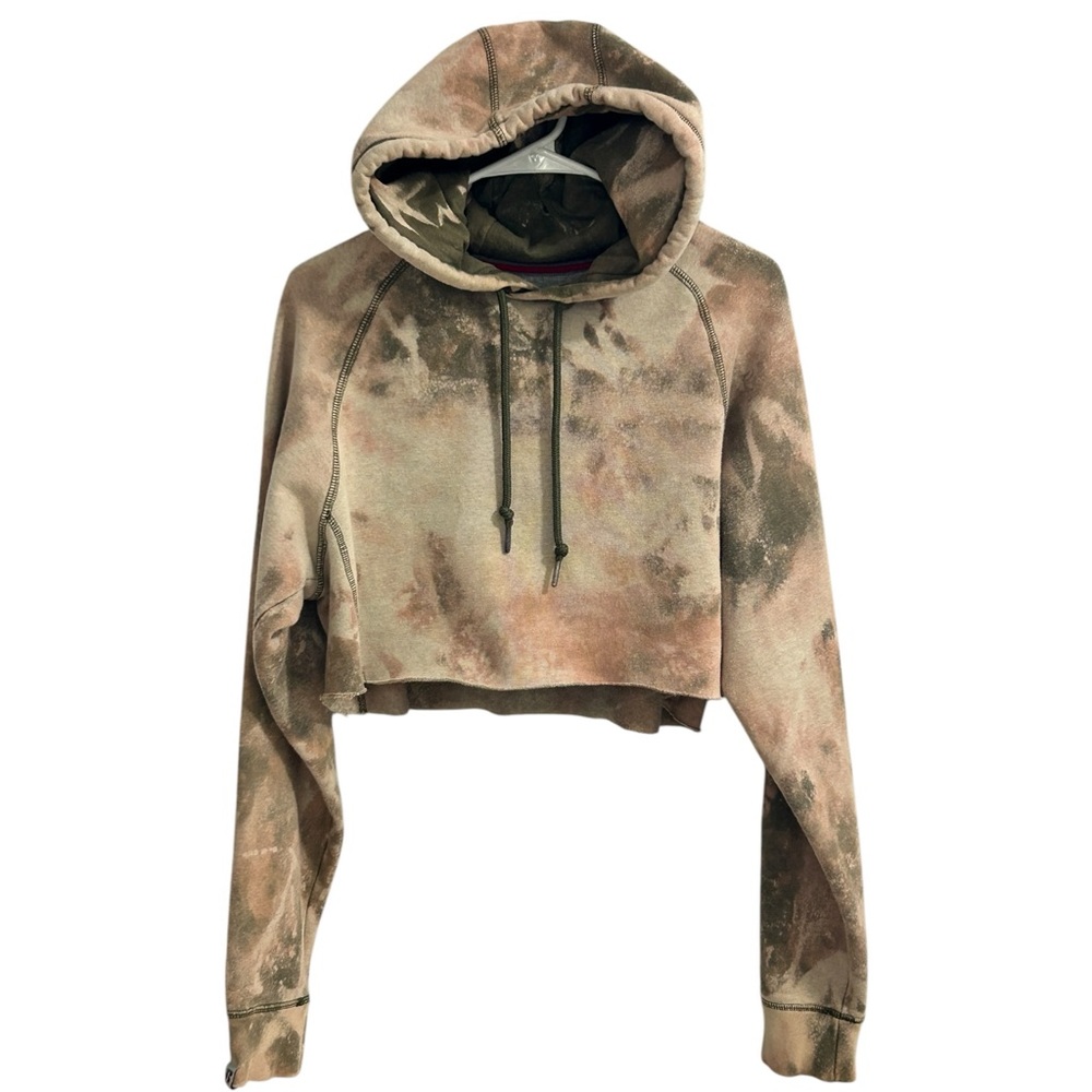 Russell Cropped Hoodie Tan Bleach Dye Premium Fleece Medium Pullover